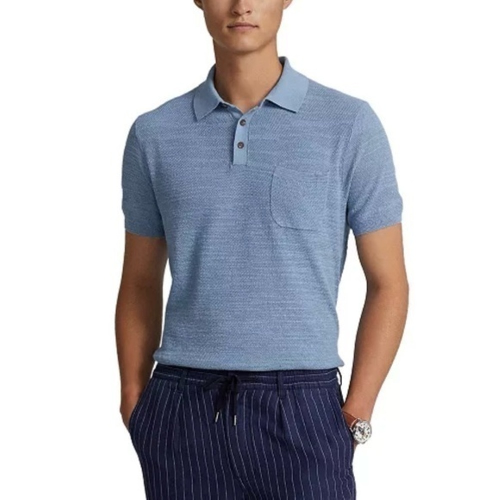 Polo Ralph Lauren Cotton-Linen Polo-Collar Sweater in Blue Size S